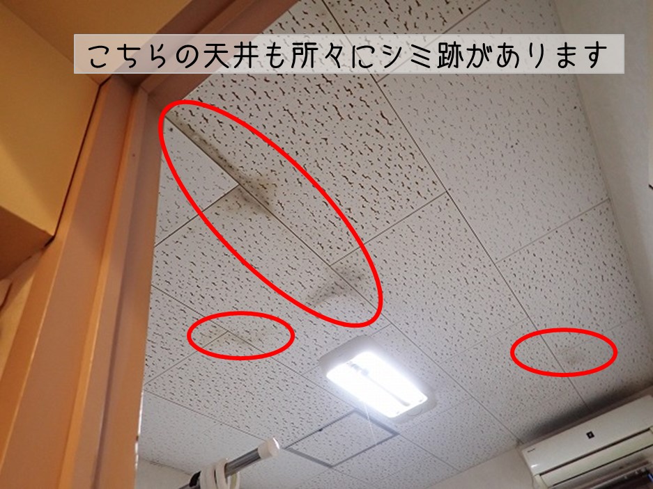 呉市　アパート折半屋根　雨漏り調査 玄関近く　天井シミ跡